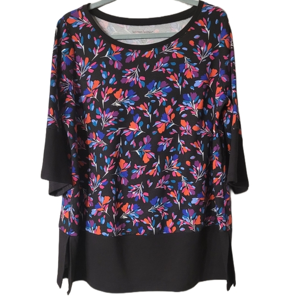 Woman Within Tops - Woman Within Floral Sweatshirt Size 14/16 Black Multi-Colored